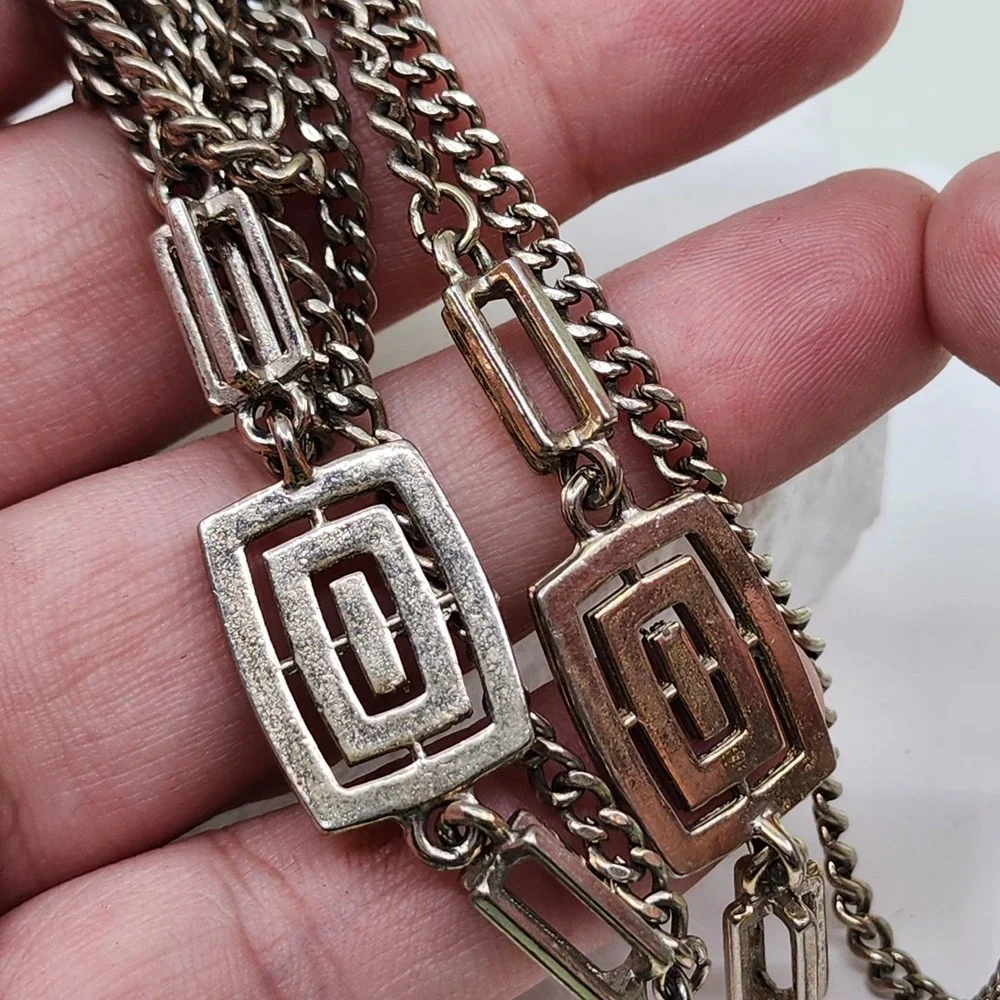 Gold Tone Extra Long Chain Necklace Geometric Greek Key Links Vintage Statement